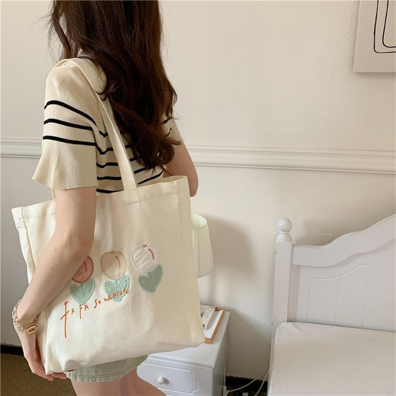 Túi Xách Canvas Thêu Họa Tiết Đơn Giản Phong Cách Hàn Quốc Cho Nữ