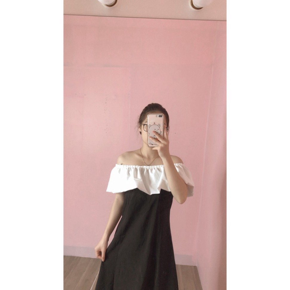 Váy  trắng tay bồng trễ vai dáng xòe tiểu thư/ Váy suông nữ dáng ngắn hàn quốc_Moonunisex | BigBuy360 - bigbuy360.vn