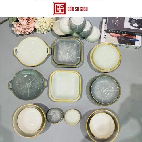 Bộ Bát Đĩa xám mint Cao Cấp Gosu Phong Cách Nhật Bản Men Ngọc Sáng Đẹp