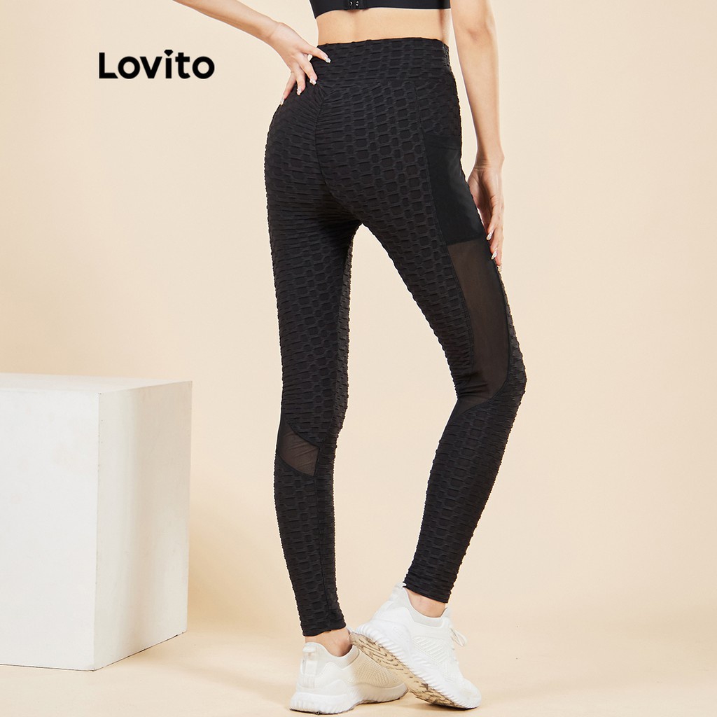 Quần legging Lovito màu trơn kết cấu lưới tương phản phong cách thể thao L15X239 (Màu đen)