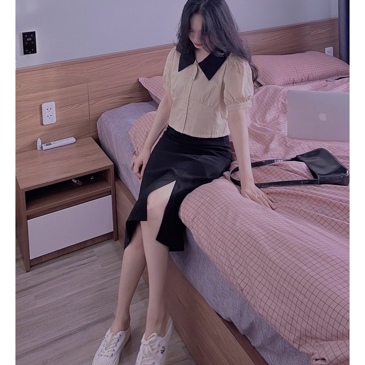 CHÂN VÁY ĐEN XẺ TÀ BÊN + ÁO SƠMI DÁNG NGẮN MÀU BE CỔ ĐEN (ảnh shop tự chụp 100% ạ) | BigBuy360 - bigbuy360.vn