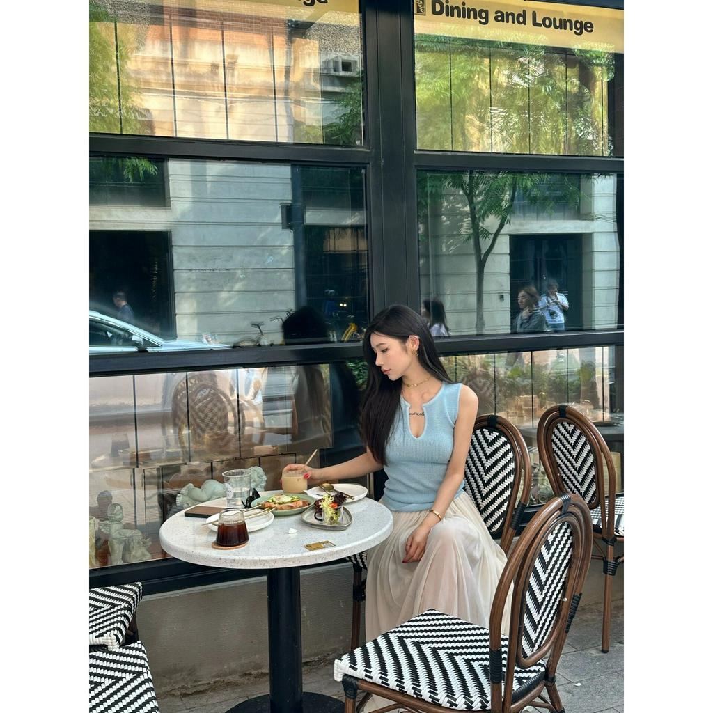 Áo Dệt Kim Sát Nách Cổ Chữ V Màu Xanh Dương Phong Cách Hong Kong Thời Trang Mùa Hè Cho Nữ