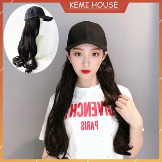 Tóc giả dài xoăn kèm nón đen độc đáo, tóc giả nữ nguyên đầu với mũ lưỡi trai thời trang