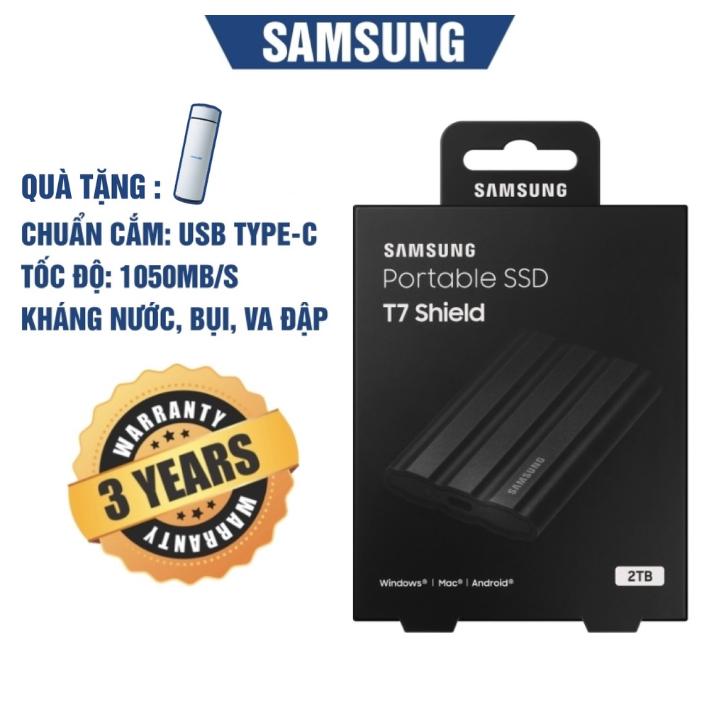 Tặng Bình Giữ Nhiệt Samsung | Ổ cứng di động SSD Samsung T7 SHIELD 2TB Màu Đen