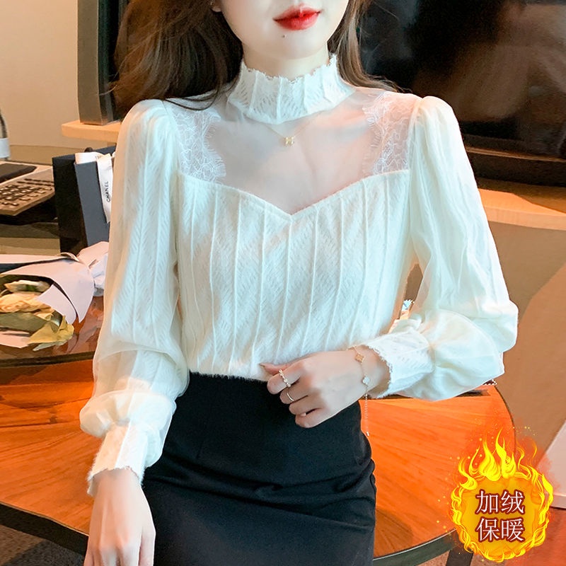 Áo Kiểu Tay Dài Cổ Cao Che Bụng Phối Ren Phong Cách Hàn Quốc Thời Trang Cho Nữ