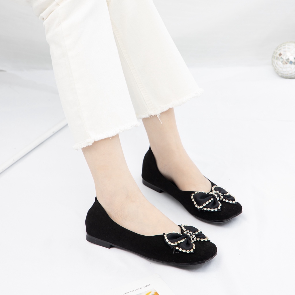 Giày MWC 2258 - Giày Búp Bê Đế, Mũi Vuông Đính Nơ Màu Đen Xinh Xắn
