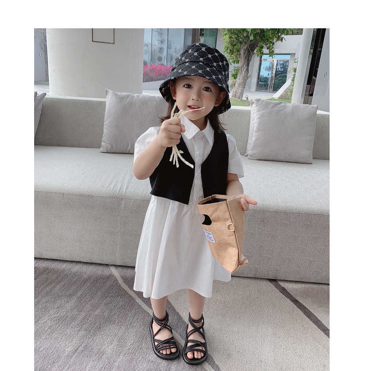 Set Đầm Sơ Mi Trắng Đen Không Tay + Áo Sơ Mi Phong Cách Chuẩn Bị Dành Cho Bé Gái