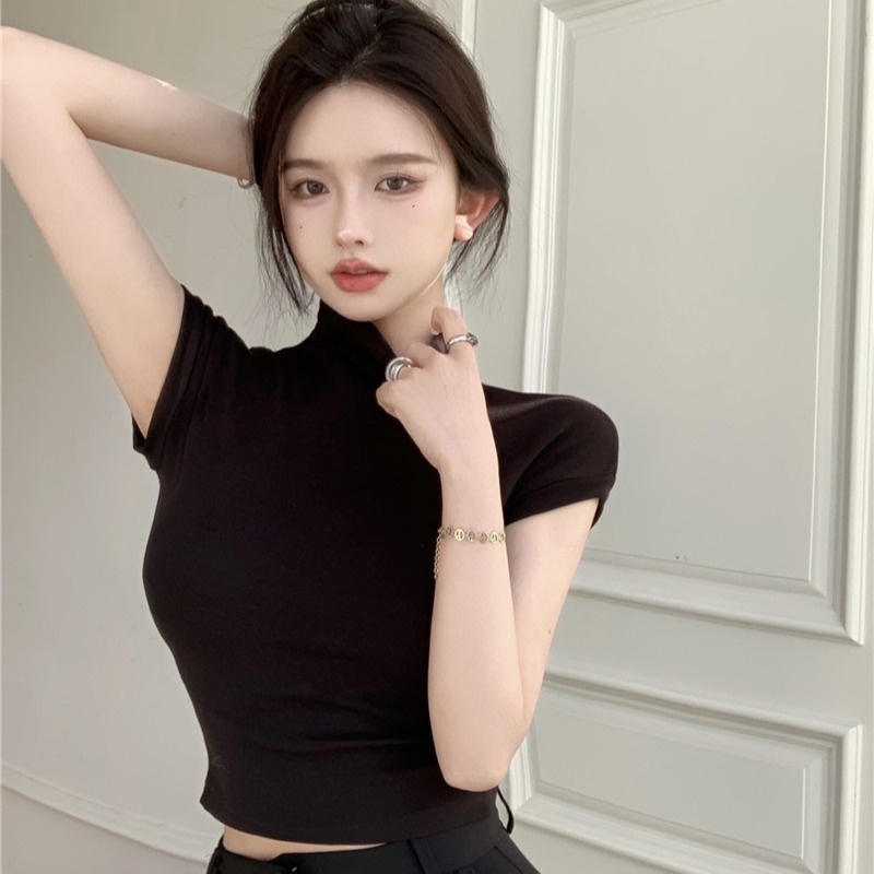 Áo thun body ngắn tay cổ cao trơn màu hè thu co dãn 4 chiều