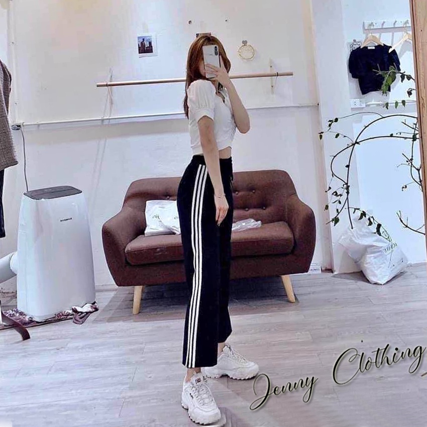 Quần thể thao 3 sọc nữ ống rộng viền kẻ sọc trắng có dây rút kéo - Quần thể thao ống rộng nữ vải Umi mặc đi học thể dục