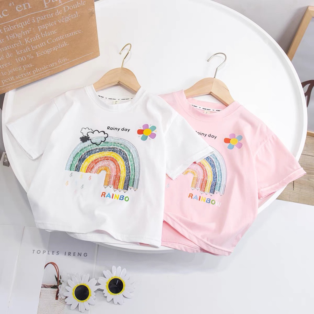 Set Áo Cotton Tàu In Họa Tiết Cầu Vồng Kèm Quần Jean Cho Bé Gái MINTSCLOSET Size 2- 5 tuổi - GA2019