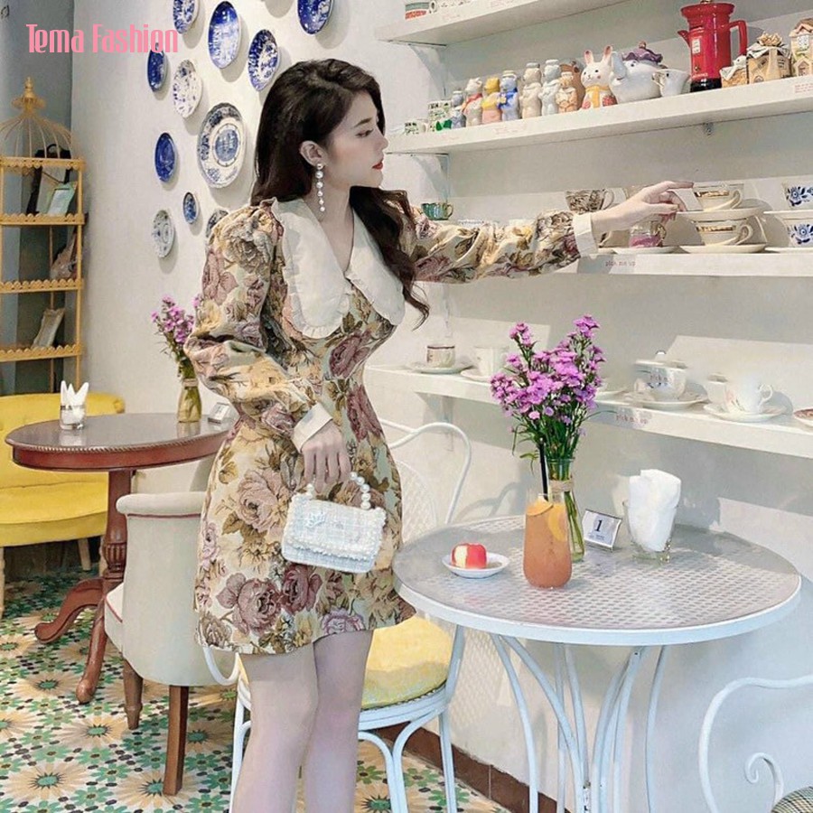 Váy hoa nhí nữ TEMA - Váy hoa gấm cổ sen hàng Quảng Châu loại 1