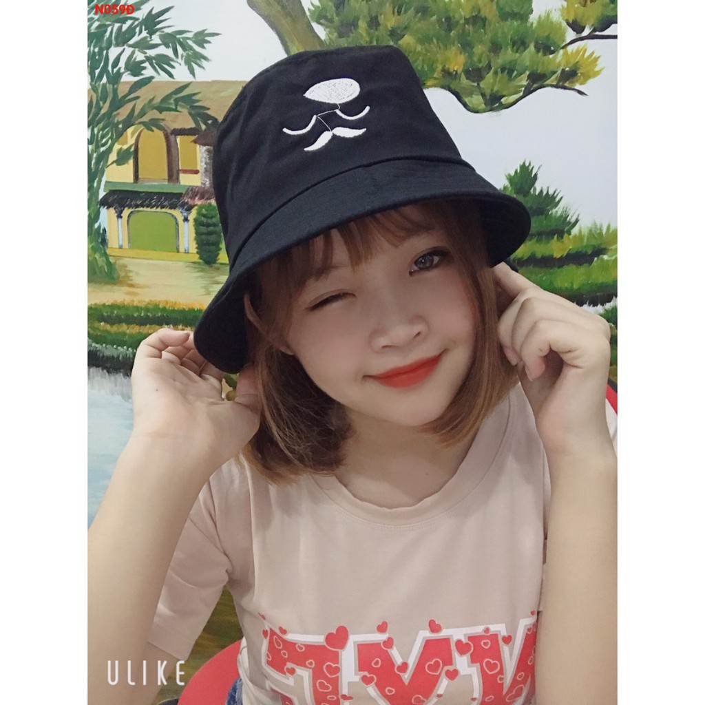 Nón bánh bèo nam nữ, Mũ bucket o thêu và trơn có vành vải kaki mềm thêu râu