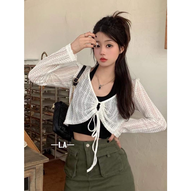 Set áo khoác cardigan lưới mỏng dây rút ngực kèm áo yếm quây co giãn, dáng ngắn croptop Ulzzang Hàn Quốc