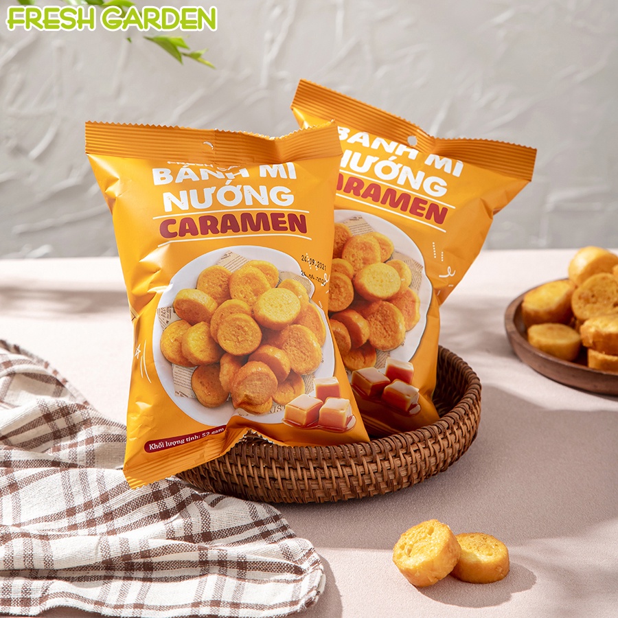 Set 6 Gói Snack Bánh Mì Nướng Caramen FRESH GARDEN Giòn Rụm Thơm Ngon Vị Caramen Phủ Đều Mặt Bánh Nguyên Bản Gói 52g