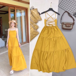 D662 Đầm Maxi Hở Lưng Đan Dây Chéo Xịn Xò , Váy 2 Dây Dáng Dài Tone Vàng Siêu Hot