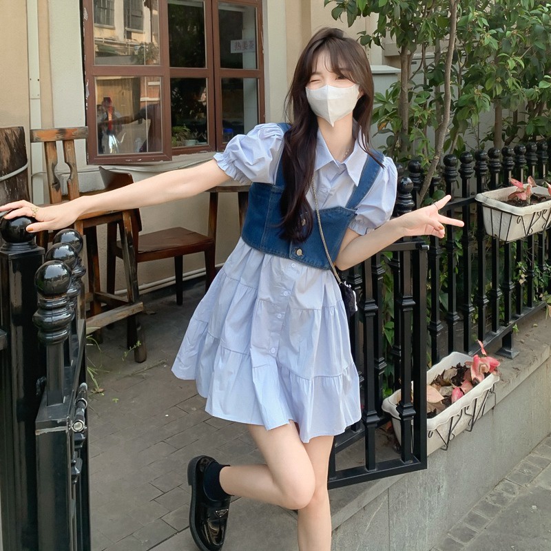 Set Áo Sơ Mi Xanh Dương Cổ Bẻ Phối Đầm Denim Sát Nách Chiết Eo Kiểu Pháp Thời Trang Cho Nữ