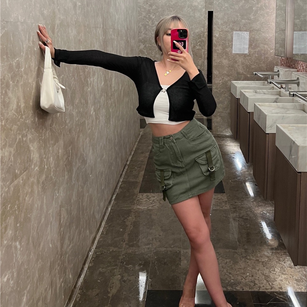 Chân Váy Denim Lưng Cao Có Túi Thời Trang Mùa Hè Cho Nữ