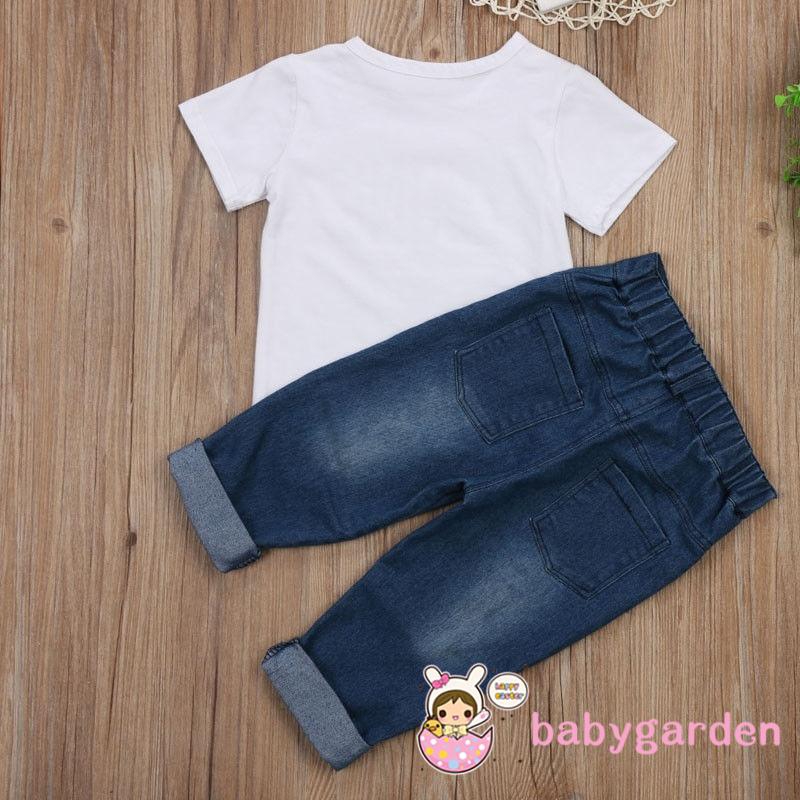 Bộ quần áo gồm áo thun + quần jean denim dành cho trẻ sơ sinh nam nữ