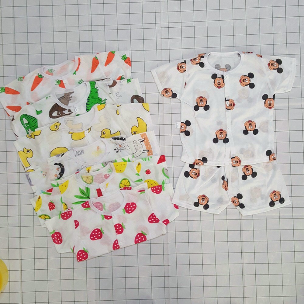 Bộ cotton giấy cộc cúc giữa in hình dễ thương cho bé 0-15kg