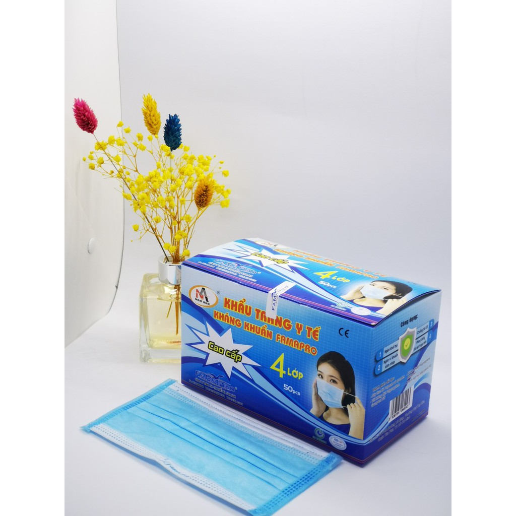 Khẩu trang y tế Famapro 4 lớp hàng công ty Nam Anh 1 hộp gồm 50 cái chia 5 bịch