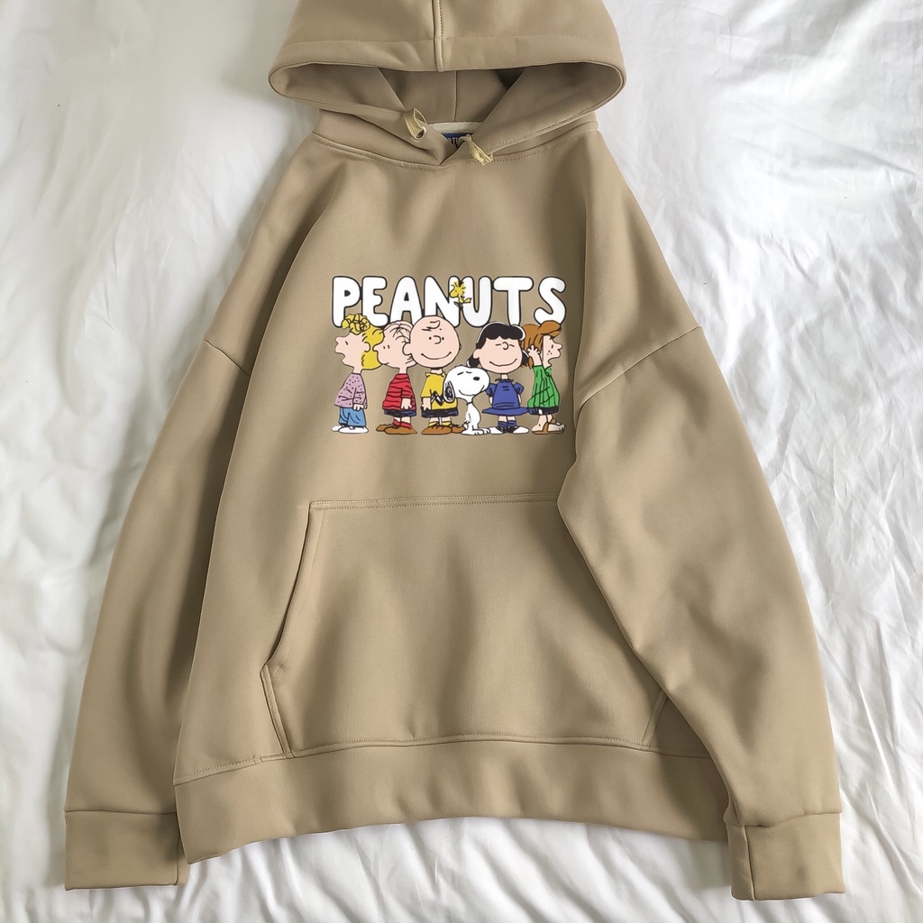 Áo Hoodie Peanuts MEANSTORE nỉ lót bông có mũ oversize unisex nam nữ form rộng phong cách Hàn Quốc - Màu be, trắng