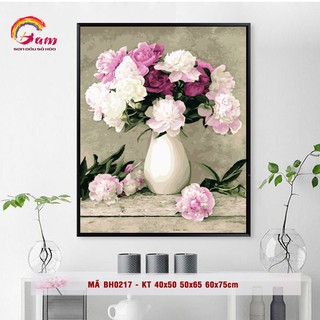 Tranh sơn dầu số hóa tự vẽ mã BH0217 Tranh lọ hoa trang trí gam màu hồng nhẹ nhàng
