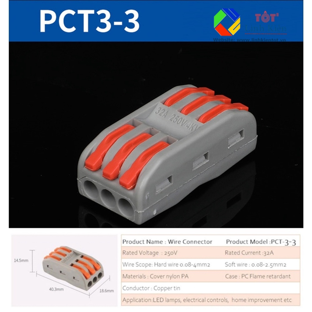 Đầu nối dây PCT-3-3  Wire Connector 250V 32A/4KV