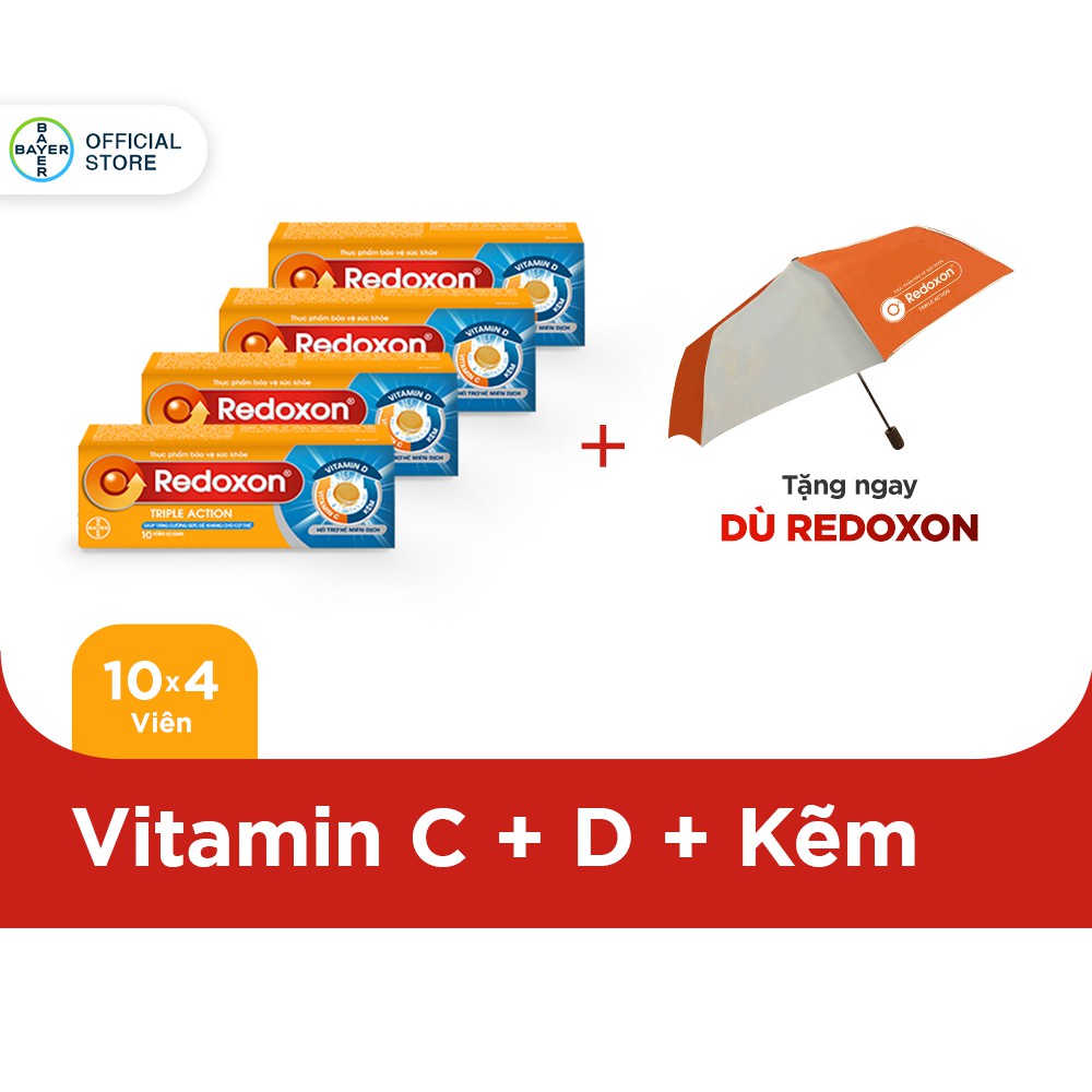 Combo 4 hộp viên sủi bổ sung Vitamin Redoxon Triple Action 10 viên/hộp-Tặng 1 dù Redoxon