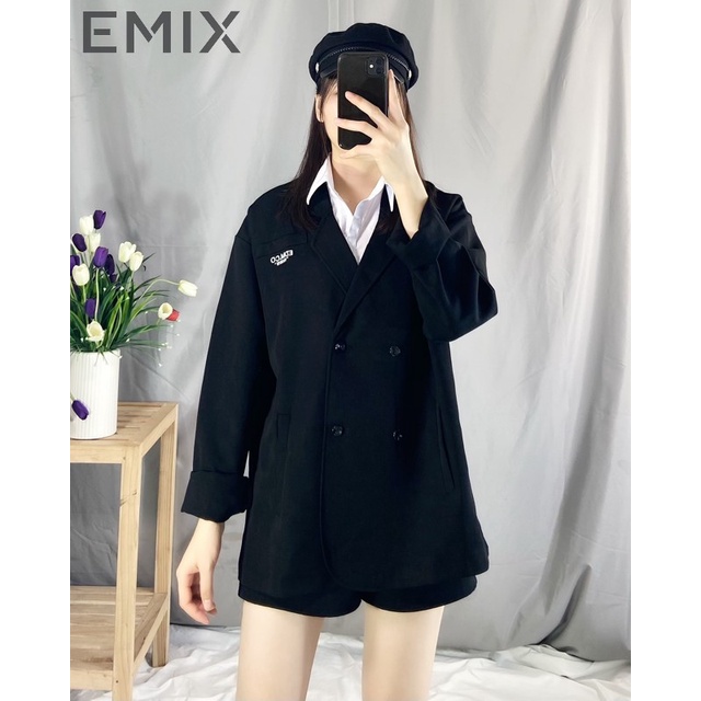 Áo khoác blazer công sở EMIX (màu đen), dáng dài, trendy, cổ vest, dài tay, form rộng, freesize, vải 1 lớp KHÔNG LỘ 5574