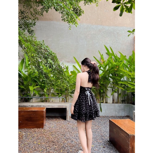 Đầm 2 Dây Xoè Hoa Nhí Cột Nơ Nữ Tính , Váy Hoa Nhí 2 Tầng EDA