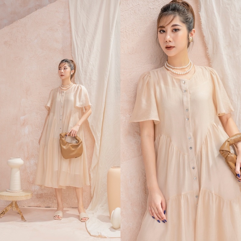 Đầm tơ nhũ cao cấp, váy tơ dáng tầng phong cách Hàn quốc