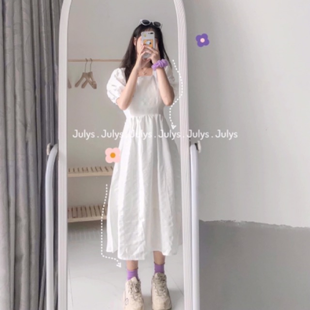 [GIÁ SỈ] Váy trắng cổ vuông tay bồng tiểu thư - Đầm trắng dáng dài | BigBuy360 - bigbuy360.vn