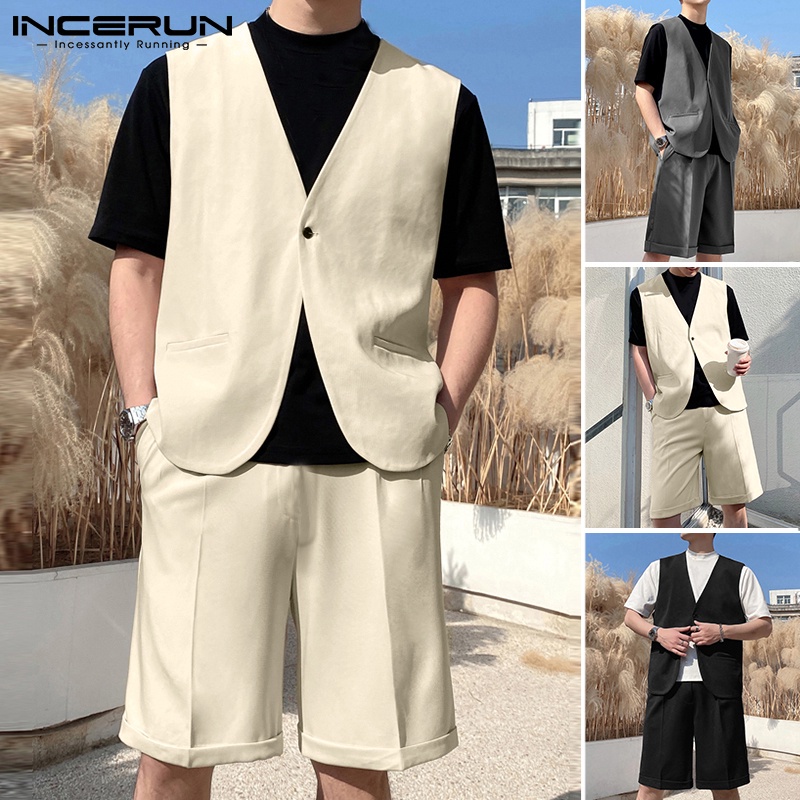 Set áo gile không tay + quần short INCERUN màu trơn thoải mái thời trang Hàn Quốc cho nam