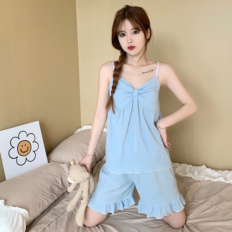 2022 suspender pajamas girls summer lovely bow new foam online celebrity girl student home suit