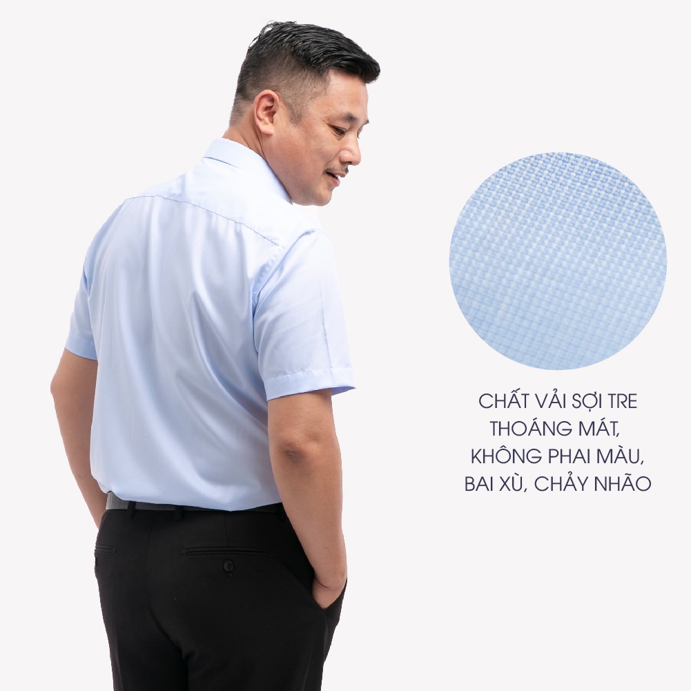 Áo Sơ Mi Nam Ngắn Tay Trung Niên ANCHI Màu Xanh Nhạt Trơn Vải Sợi Tre Cao Cấp
