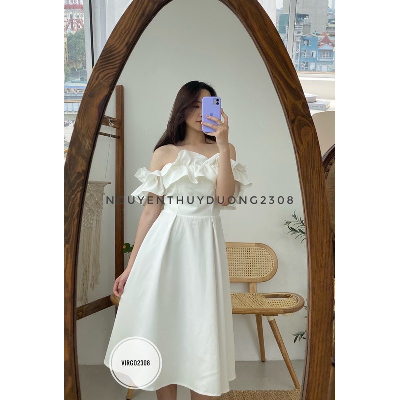[Ảnh thật/Sẵn]Váy bèo trễ vai trắng có đệm ngực tiểu thư/Đầm dự tiệc trắng xinh xắn