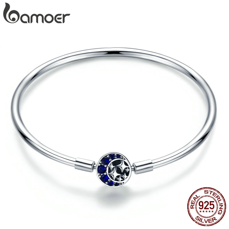 Vòng tay bạc 925 BAMOER S925 SCB080 đính đá CZ hình mặt trăng và ngôi sao cho nữ