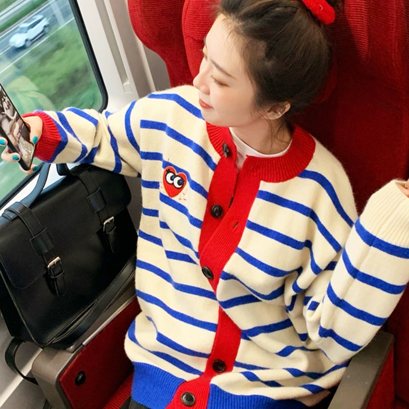 Áo khoác cardigan dệt kim dáng rộng họa tiết kẻ sọc thời trang xuân thu phong cách Hàn Quốc cho nữ