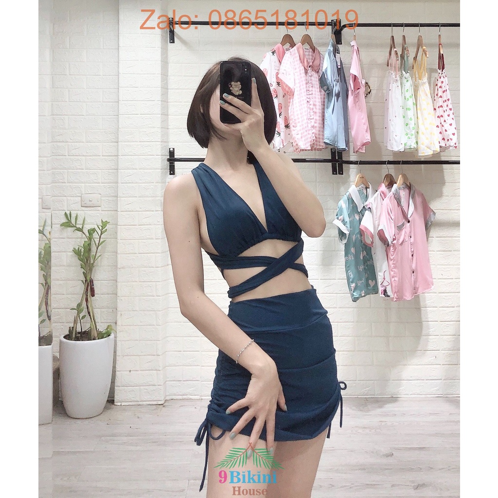 Bikini 2 mảnh quần giả váy xanh cổ vịt đậm mới nhất mặc đi biển đi bơi đẹp