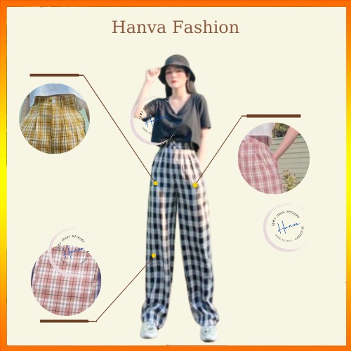 Quần Kẻ Nữ Ống Rộng Cạp Chun Họa Tiết Caro Lưng Cao Dáng Rộng Ống Suông Ulzzang Hanva