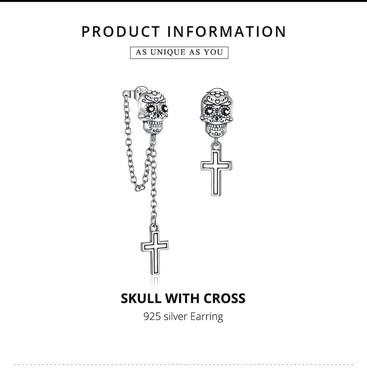 Khuyên Tai Nữ Bamoer BSE419 Mặt Hình Đầu Lâu Và Cây Thánh Giá Bằng Bạc 925 Thật