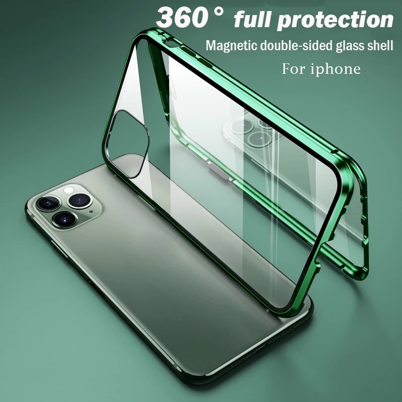 Ốp Điện Thoại Kính Cường Lực Hai Mặt Hít Nam Châm Sang Trọng Cho IPhone X XR XS MAX 7 8 Plus 11 12 13 Pro MAX 12 Pro 360