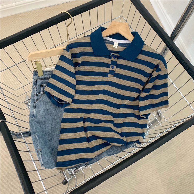 SUXI Áo polo Cotton Ngắn Tay Họa Tiết Sọc Ngang Thời Trang Dành Cho Nữ