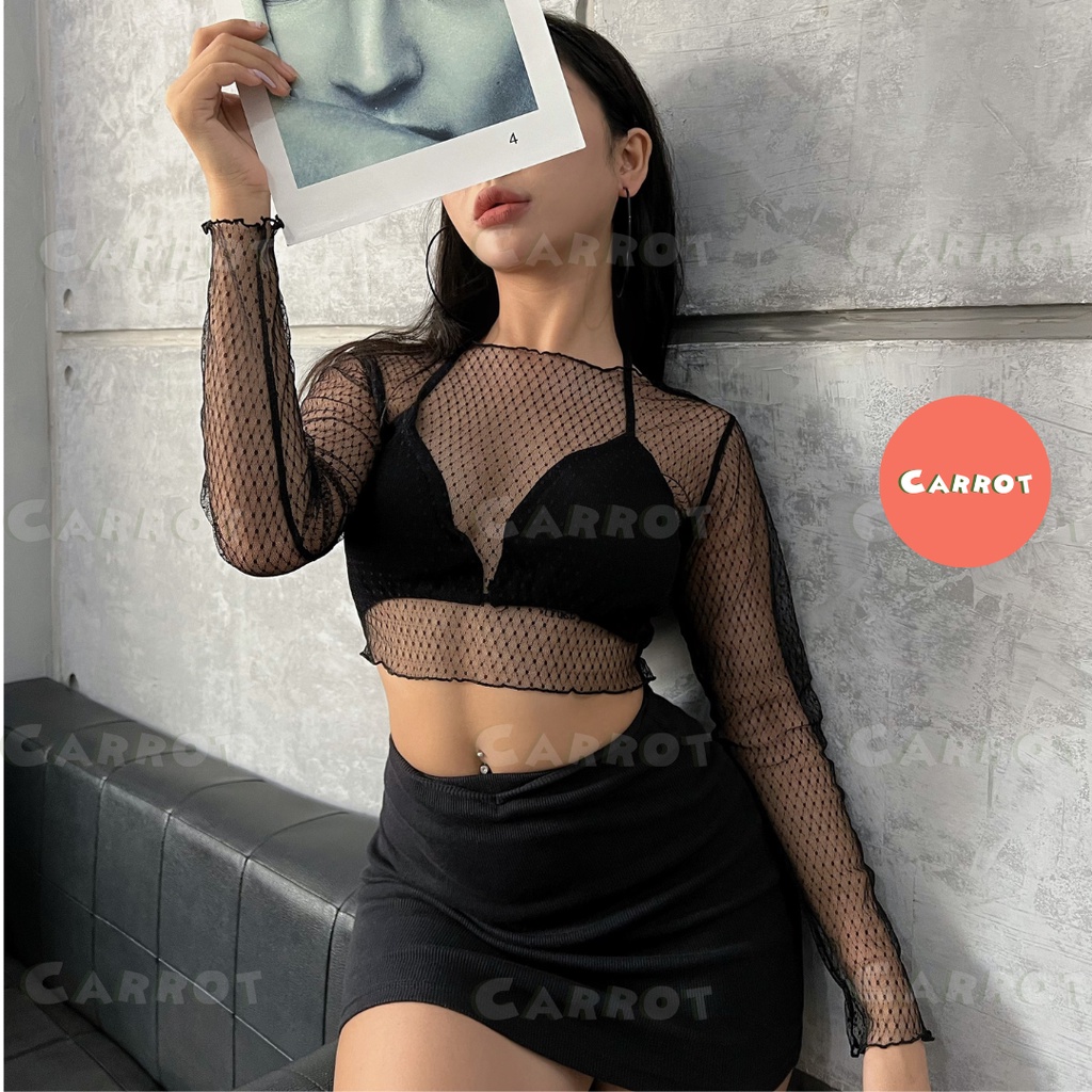 Áo lưới áo mút ngực áo lót đen hai dây chân váy ngắn ôm body sexy đi chơi chụp hình sang chảnh Carrotxinhdep