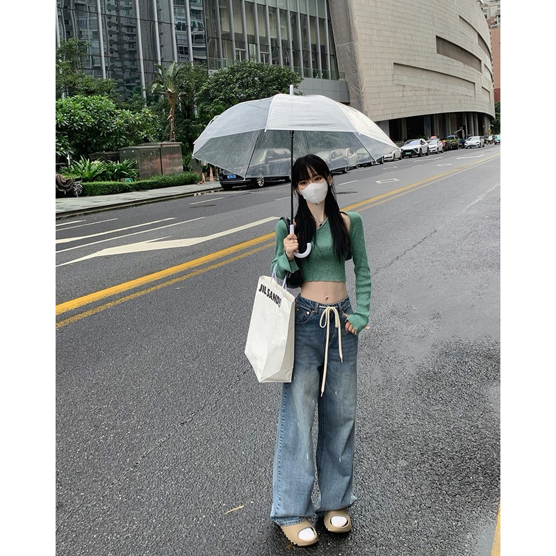 Porozi  Quần denim  ống suông lưng cao thời trang Hàn Quốc dành cho nữ