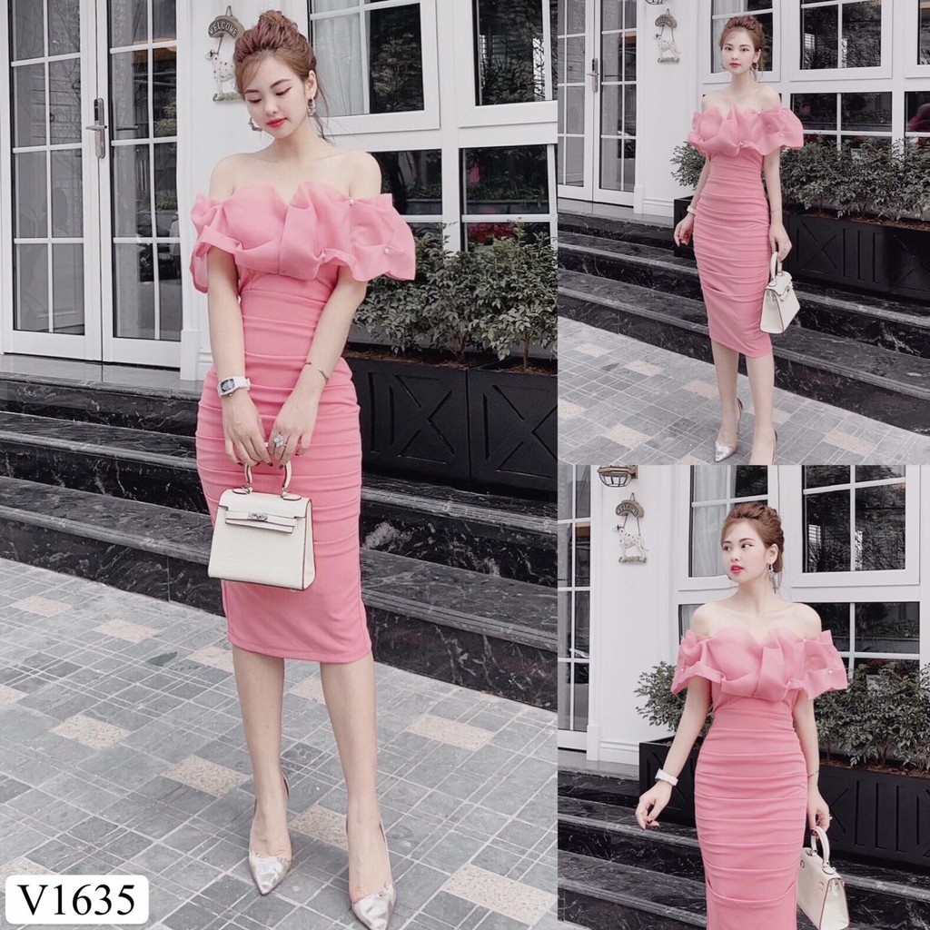 Váy hồng body trễ vai co giãn phối voan đính ngọc DVC-maidieuhuyen V1635 MH