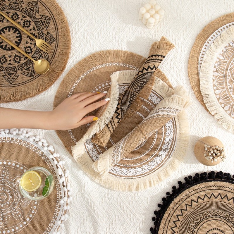 1Pc Kitchen Creative Retro Handmade Weave Jute Insulation Pads / Tableware, Drink Cup, Bowl, Pot Non-slip Coasters Mats / Dining Table Heat Resistant Placemat for Kitchen Decor