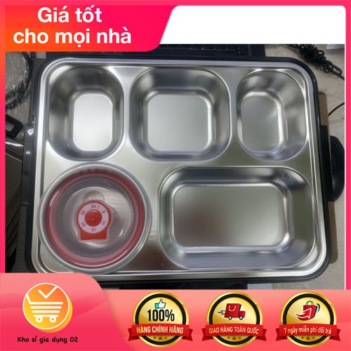 Hộp Đựng Cơm Văn Phòng Khay Inox 5 Ngăn Có Bát Để Canh Bọc Nhựa Bên Ngoài, Có Giá Để Điện Thoại - Tặng Kèm Thìa Đũa Inox