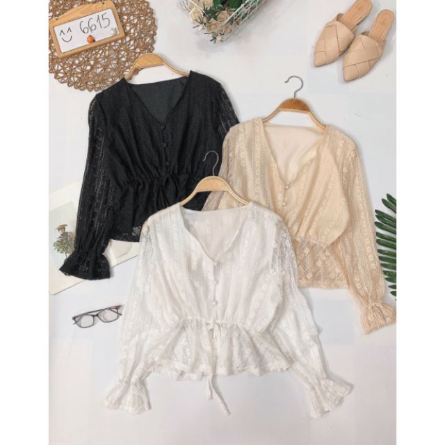 Áo ren peplum nút bọc