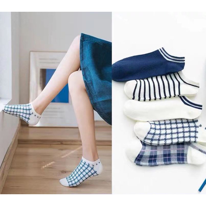 Set 10 Đôi Tất Vớ Nữ Ngắn Cổ Mix Xanh Caro